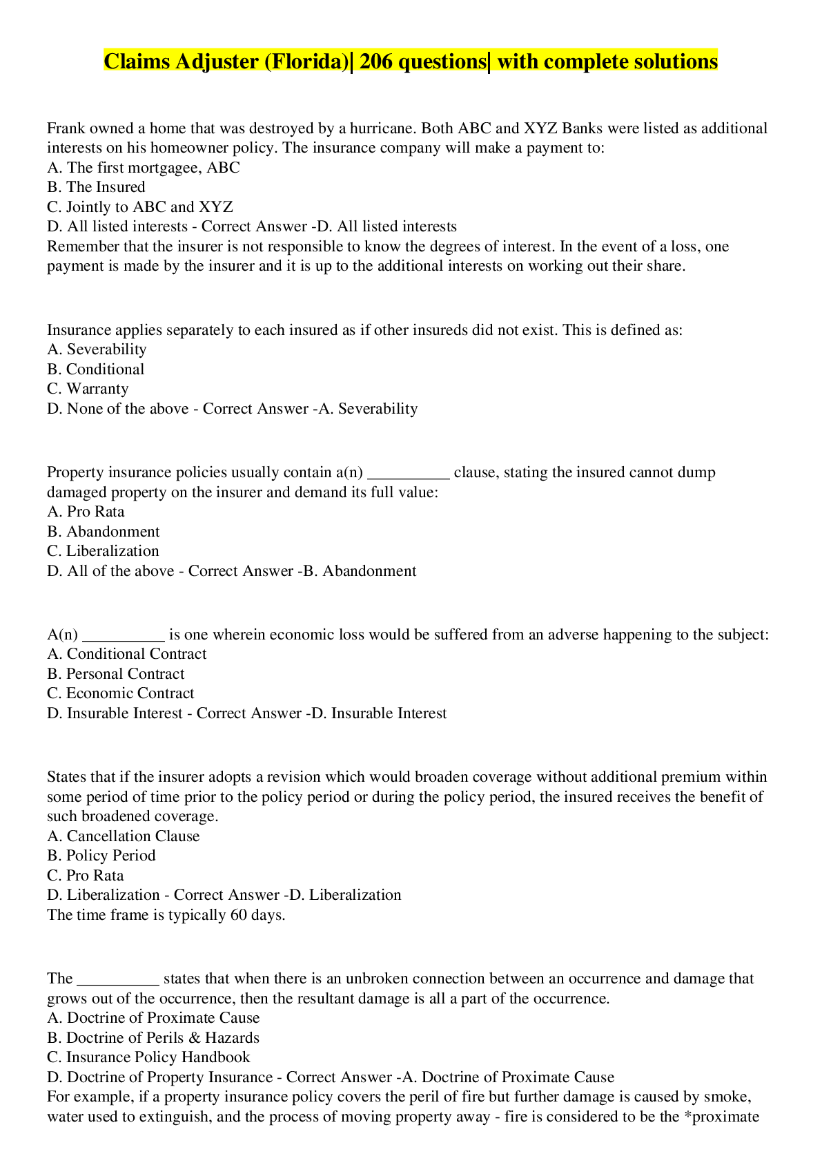Claims Adjuster (Florida) 206 questions with complete solutions